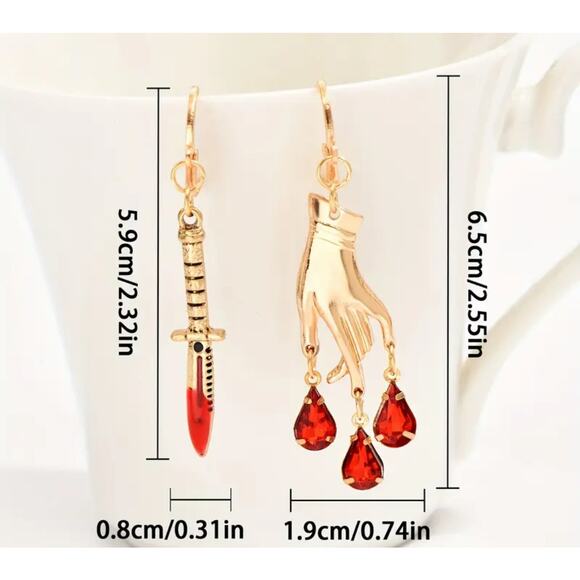 Bloody Dagger and Hand Asymmetric Gold Alloy Earrings Punk Emo Pastel Goth NWT - Picture 4 of 4